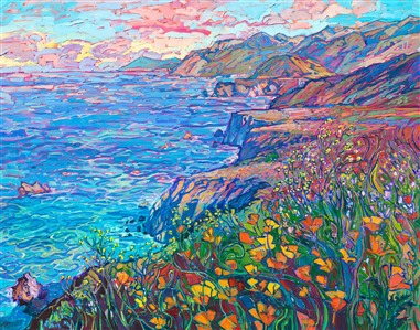 Blooming wildflowers grow in abundance along Highway 1. The glorious variety of color sparkles in the sunlight, a beautiful contrast to the blue and turquoise ocean waters below. Thick, impressionistic brush strokes capture all the lavish colors of California.

