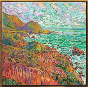 A summer sky fades from blue to brilliant shades of green and turquoise, as the sun sets towards the horizon. This painting of California's coastline captures the eroded sandstone cliffs seen along the coast from Big Sur to Torrey Pines. The thick, impasto brush strokes capture the movement and vivacity of the scene.

"Coastal in Green" is an original oil painting on stretched canvas, framed in a gold floating frame. The piece will be displayed at Erin Hanson's solo museum show <i><a href="https://www.erinhanson.com/Event/AlchemistofColor" target="_blank">Erin Hanson: Alchemist of Color</i></a> at the Channel Islands Maritime Museum in Oxnard, California. You may purchase this painting now, but the piece will not be delivered until after the show ends on December 28th, 2023.