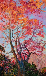 Delicate branches of the Japanese maple tree bend gracefully in the autumn sunlight. The tiny leaves of the maple tree spread across the sky, soaking in the afternoon warmth. The brush strokes are loose and impressionistic, creating a mosaic of color and texture across the canvas.

"Kyoto Color" was created on 1-1/2" canvas, with the painting continued around the edges. The painting arrives framed in a contemporary gold floater frame.