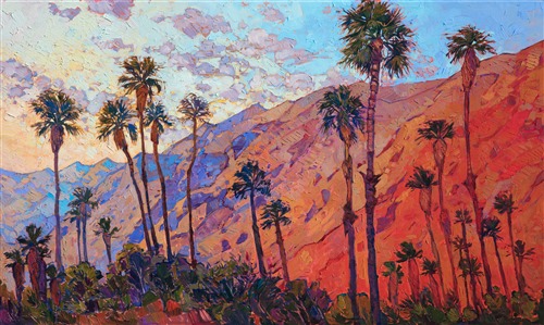 "Santa Rosa Embrace" is the original oil painting version of the 2018 La Quinta Arts Festival poster.  The La Quinta Arts Festival is the #1 rated arts festival in the United States, featuring top artists from across the US.  This painting was chosen to represent and commemorate the festival, and posters of it will be available for purchase at the La Quinta Arts Festival.

This painting captures a sunrise over the Santa Rosa Mountains, as seen from La Quinta. The beautiful desert colors of purple and orange glow brilliantly on the canvas. The painting has been framed in a 23kt gold leaf floater frame.
This painting will be available for purchase at the La Quinta Arts Festival, beginning at 10am on Thursday, March 1st. For more details about the show, please <a href="https://www.erinhanson.com/Event/LaQuintaArtFestival2018">click here.</a>