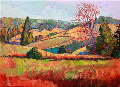Willamette Valley is captured in California color in Erin's trademark style, open-impressionism. The brush strokes are thick and loose, full of energy and movement. The harmonious colors blend subtly or jump out with a sudden contrast, drawing the eye along through the painting.