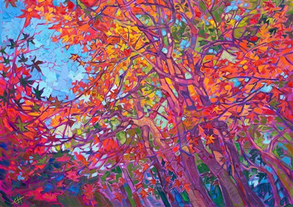 High boughs overhead display the multi-colored leaves of a Japanese maple tree. The star-like leaves create delicate patterns of light and color, like nature's filigree. This painting captures all the beauty of autumn in a single canvas.