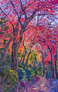 This oil painting captures the colors of autumn with thick, impressionistic brush strokes. The layers of contrasting colors create a sense of movement and excitement within the piece. Erin Hanson's modern style of painting is called Open Impressionism, and it involves placing brush strokes side-by-side, without layering. The effect is a stained-glass or mosaic look to her oil paintings.