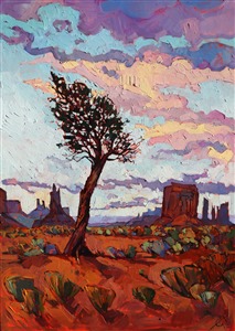 Monument Valley is the perfect place to inspire dramatic paintings, with its wide colorful skies and multitude of beautiful red and purple buttes. This oil painting uses wide brush strokes and lots of texture to communicate the movement and life of this Utah landscape.