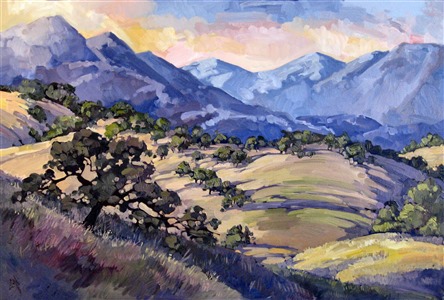 Commissioned oil painting of California's rolling green hills and ancient oak trees.