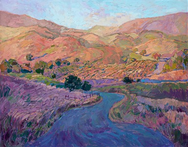 A contemporary impressionist take on California landscapes, this painting brings Paso Robles into a fresh new light. The thick impasto oil paint stands off from the canvas and adds additional depth and motion to the piece. This painting captures the beautiful near-sunset light that casts a saturated glow across the rolling hills.

This painting was done on 1-1/2" deep canvas with the painting continued around the edges for a finished look. The painting has been framed in a carved gold floater frame.
