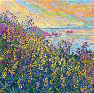 Yellow lupin burst with sunshine color in front of a dramatic vista of California's Highway 1. This painting celebrates the color yellow with impasto brushstrokes and expressive movement of paint.

"Coastal in Yellow" is an original oil painting on stretched canvas, framed in a gold floating frame. The piece will be displayed at Erin Hanson's solo museum show <i><a href="https://www.erinhanson.com/Event/AlchemistofColor" target="_blank">Erin Hanson: Alchemist of Color</i></a> at the Channel Islands Maritime Museum in Oxnard, California. You may purchase this painting now, but the piece will not be delivered until after the show ends on December 28th, 2023.