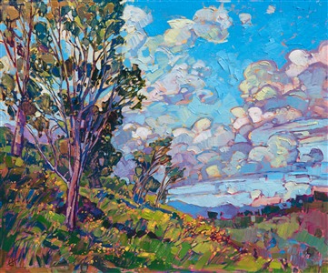 This year San Diego had another glorious wildflower bloom, after a very wet winter. This painting captures some of the yellow wildflowers that were ubiquitous along the grassy hillsides. The brushstrokes are loose and expressive, alive with color and motion.

This painting is a part of Erin Hanson's <i>The Floral Show</i> 2019.

This painting was created on 1/8" linen board, and it arrives framed in a custom-made gold plein air frame.