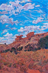 Cheerful summer clouds glide across a desert blue sky in this painting of Canyonlands National Park, Utah. This national park takes up a huge expanse of land and contains myriad red rock formations, canyon systems, and mesas.  This painting was inspired by a hike through the red rock formations in the Needles district.

This painting was done on 1-1/2" canvas, with the painting continued around the edge of the canvas.  This piece has been framed in a beautiful, hand-carved open impressionist frame.

Exhibited: <a href="https://www.erinhanson.com/Event/redrock2018" target=_blank"><i>The Red Rock Show</i></a> at The Erin Hanson Gallery, 2018.  <a href="https://www.erinhanson.com/Portfolio?col=The_Red_Rock_Show_2018" target="_blank"><u>Click here</u></a> to view the other Red Rock paintings.
