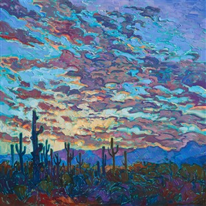 A traditional Arizona vista is captured in non-traditional, expressionistic color. The thick brushstrokes of oil paint curl through the sky, creating a vivid sense of motion within the painting. The paint seems to glow with light from within.

This painting was done on 1-1/2" canvas, with the painting continued around the edges of the canvas, and it has been framed in a custom, gold-leaf floater frame. The painting arrives ready to hang.