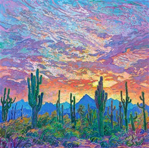 What is the first thing to come to mind when I think of the southwest? Saguaros and sunsets. This classic painting captures everything I love about Arizona and the stark beauty of the desert. Thick, impressionistic brush strokes communicate the movement and vibrant color of the scene. 

"Saguaro Sky" is a large oil painting created on stretched canvas. The piece arrives framed in a hand-carved and gilded "<a href="https://www.erinhanson.com/Blog?p=aboutframes" target="_blank">Open Impressionism</a>" floater frame.