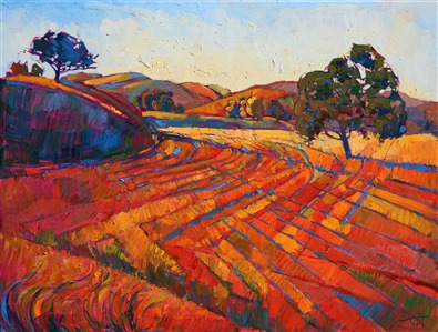 The pastoral curves of Paso Robles wine country are highlighted with a dusky gold afternoon light. The brush strokes are loose and free, conveying the feeling of being outdoors in beautiful central California.