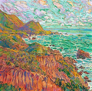 A summer sky fades from blue to brilliant shades of green and turquoise, as the sun sets towards the horizon. This painting of California's coastline captures the eroded sandstone cliffs seen along the coast from Big Sur to Torrey Pines. The thick, impasto brush strokes capture the movement and vivacity of the scene.

"Coastal in Green" is an original oil painting on stretched canvas, framed in a gold floating frame. The piece will be displayed at Erin Hanson's solo museum show <i><a href="https://www.erinhanson.com/Event/AlchemistofColor" target="_blank">Erin Hanson: Alchemist of Color</i></a> at the Channel Islands Maritime Museum in Oxnard, California. You may purchase this painting now, but the piece will not be delivered until after the show ends on December 28th, 2023.