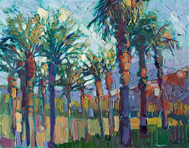 Date Palms in La Quinta inspired this landscape oil painting.  The vibrant colors and abstracted shapes makes the painting come alive on the canvas.

This painting was created on 3/4"-deep canvas. It has been framed in a beautiful classic frame and arrives wired and ready to hang.