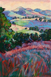 Pale pastel hills are a beautiful contrast against the deep green oak trees and fields of wildflowers. The brush strokes are thick and impressionistic, creating a mosaic of color and texture.