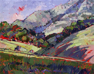 This painting captures the rising morning mist over green hills near Paso Robles, California.