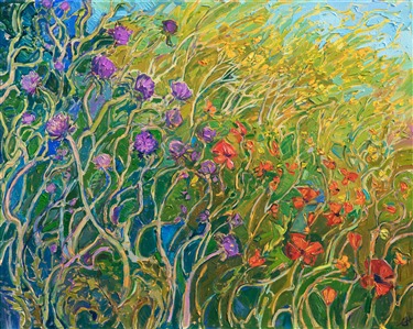 Bring a medley of color into your home with this abstract painting of wildflowers. From purple thistles to red poppies to yellow daisies, this painting is a celebration of spring color. The thickly applied brush strokes are loose and impressionistic, alive with motion and texture.

This painting was done on 1-1/2" canvas, with the edges of the canvas painted. The piece will be framed in a gold floater frame and it arrives ready to hang.