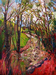 Driving through the back-roads of Paso Robles, you run across many little streams in the dark undergrowth of the oaks. This painting captures the cool air emanating from the water, inviting you to take a stroll along the rocky creek bed.
