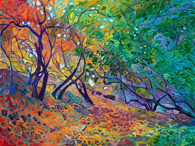 About the painting:
Hiking a wet and rainy trail from Angel's Landing to the Lodge at Zion National Park found these beautiful cottonwood trees growing low to the ground, their branches skirting the top of the hillside. The colors were rich and saturated from the rain, captured on canvas here with thick, impressionistic brush strokes.

"Zion Cottonwoods" was created on gallery-depth canvas, with the painting continued around the edges. The piece arrives framed in a contemporary gold floater frame.