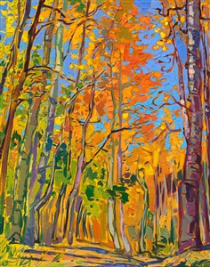 Autumn colors of bright yellow and cadmium orange cover the red rock landscapes of the Colorado Plateau in October. This painting captures the fleeting beauty of the quaking aspen with vivid pigments and impasto brush strokes.

"Aspen Gold" is an original oil painting on linen board. This piece arrives framed in a custom-made plein air frame (mock floater style, so the edges are uncovered).

This painting will be displayed at Erin Hanson's annual <a href="https://www.erinhanson.com/Event/ErinHansonSmallWorks2022" target=_"blank"><i>Petite Show</a></i> on November 19th, 2022, at The Erin Hanson Gallery in McMinnville, OR.


