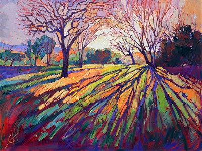 Crystal refracted light shatters into long purple and blue shadows against the springtime grass of Paso Robles, California. Each brush stroke is distinct and very textural, seeming to jump from the surface of the canvas.