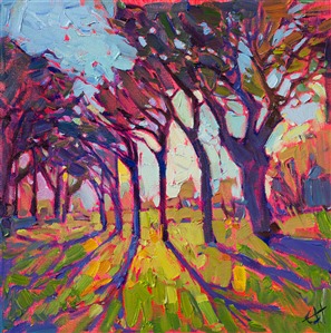 This petite oil painting is full of drama and color, the composition focusing on the long shadows of the clustered oak trees.  The mosaic, impasto style of painting creates a stained glass effect on the canvas.

This painting was done on 3/4"-deep stretched canvas.  It has been framed in a classic plein air frame and arrives wired and ready to hang.