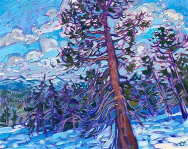 Tall and ancient pine trees stand atop a mountain in the high Sierras, braving the freezing winds and snow, bringing life to the alpine passes. This petite painting captures the wide expanse of beauty with a few deft brush strokes.
