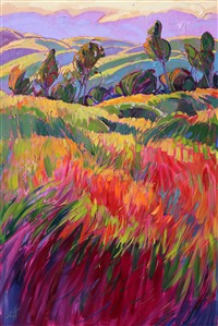 Purple-drenched light brightens these rolling hills of Paso Robles, inspired by a sunset horseback ride along the high ridge of hills of east Paso. This tall painting captures the grandeur and beauty of California.