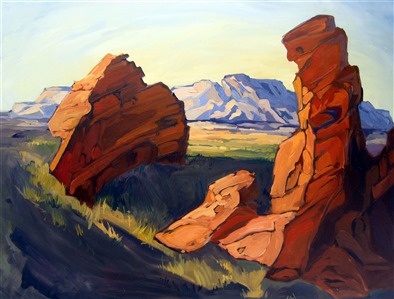 Long afternoon shadows at Valley of Fire State Park, Nevada. This painting of Seven Sisters has a beautiful range of greens, reds, and blues.