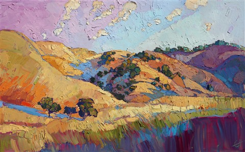 Paso Robles's beautiful hills are captured in vivid color and thick brush strokes, the painting alive with motion and texture. This painting transports you to the rolling, oak covered hills and beckons you to rest among the shadowed trees.