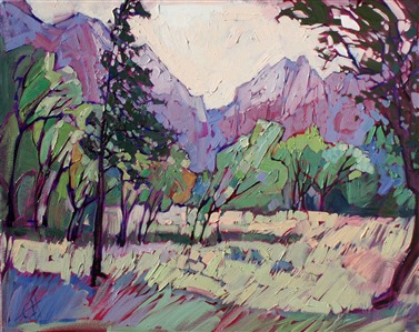 Soft lavender light of early dawn is captured in the Zion canyon, the fragile and delicate colors a contrast with the heavily applied paint strokes. This painting truly captures the beauty and stillness of Zion just before the sun breaks into the canyon.