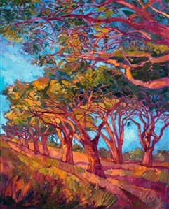 Scarlet light plays on these patriarchal trees, highlighting their natural beauty and color variations.  This dramatic piece can be paired with its sister painting, Scarlet Light, and hung as a diptych.  The sides of the painting are wrapped as a continuation of the oil painting.

Collection of The Allegretto Vineyard Resort, Paso Robles, CA. 2015.