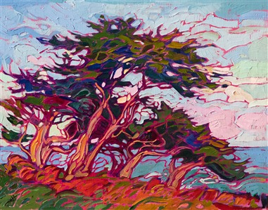 A small grove of Monterey cypress trees stands against the coastal winds in this oil painting of Pebble Beach. The movement of the brush strokes captures the feeling of standing out of doors on the California coast, even in such a small canvas.

"Cypress Winds" was created on linen board, and it arrives framed in a hand-made, gold plein air frame.