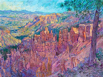 The landscape of Bryce Canyon is beautiful to paint. The unusual spires of red rock (known as hoodoos) add texture to the landscape and catch and reflect the light in interesting ways. This painting was inspired by a recent trip to Bryce Canyon, Arches, and Zion National Parks.

<b>Note:
"Bryce Canyon II" is available for pre-purchase and will be included in the <i><a href="https://www.erinhanson.com/Event/SearsArtMuseum" target="_blank">Erin Hanson: Landscapes of the West</a> </i>solo museum exhibition at the Sears Art Museum in St. George, Utah. This museum exhibition, located at the gateway to Zion National Park, will showcase Erin Hanson's largest collection of Western landscape paintings, including paintings of Zion, Bryce, Arches, Cedar Breaks, Arizona, and other Western inspirations. The show will be displayed from June 7 to August 23, 2024.

You may purchase this painting online, but the artwork will not ship after the exhibition closes on August 23, 2024.</b>
<p>