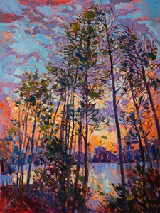 The Woodlands in Texas is a magical place of intense greenery and wildflowers, with beautiful tall pine trees everywhere, twining their long branches up into the wide Texan sky.  This vibrant painting captures a sunset over Lake Woodlands.  The motion of the brush strokes are alive with scintillating light.

This painting was created on 1-1/2" deep canvas, with the painting continued around the edges of the painting. The painting has been framed in a gold floater frame and arrives wired and ready to hang.