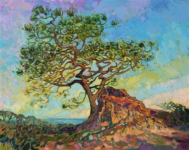 A coastal pine stands atop a bluff in Torrey Pines, San Diego. Lime green and periwinkle light glints through the pine needle, as the criss-crossing branches cut abstract shapes in the sky.  The brush strokes in this painting are loose and impressionistic, alive with color and movement.

This painting was done on 1-1/2" deep canvas, with the painting continued around the edges. The painting has been framed in a gold floater frame and arrives ready to hang.
