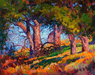Shaded oaks filter jewel-toned sky light through their branches, forming a secluded paradise of color and reflected light among their tree trunks. The brush strokes in this painting are applied with thick, loose strokes, capturing the fleeting color of the landscape in a wild array of impressionistic color and texture.

This painting was created on 2"-deep canvas, with the painting continued around the edges.  This painting does not require framing and arrives ready to hang.