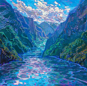 This is a commission capturing the grandeur of Norway's fjords. The painting captures the beautiful blues and greens of Norway in thick, impressionistic brush strokes.