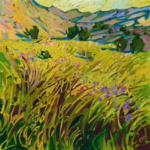 The landscape north of Alpine, Texas, in Big Bend Country, is drenched in colors of spring: apple green grass and purple wildflowers cover the rolling hills and plateaus of this diverse landscape.

This painting will be on display at the Museum of the Big Bend, during the solo exhibition <i><a href="https://www.erinhanson.com/Event/MuseumoftheBigBend" target="_blank">Erin Hanson: Impressions of Big Bend Country.</a></i> This painting will be ready to ship after January 10th, 2019. <a href="https://www.erinhanson.com/Portfolio?col=Big_Bend_Museum_Show_2018">Click here</a> to view the collection.

This painting has been framed in a custom-made gold frame. The painting arrives ready to hang.