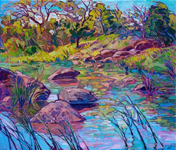 This painting was inspired by a morning spring drive to Enchanted Rock, in Texas hill country. The peaceful spring colors of green and blue swirl together in the still waters of the lake. The impressionistic brush strokes capture the feeling of being outside in the quiet dawn.

"Spring Reflections" was created on 1-1/2" deep canvas, with the painting continued around the sides of the canvas. The piece has been framed in a custom gold floater frame.