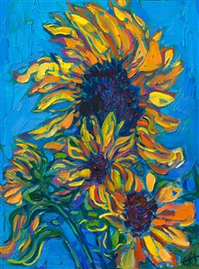Erin Hanson has been described as a modern van Gogh, and she has certainly been inspired by sunflowers like van Gogh was! The large sunflower heads are a beautiful contrast to the colorful, curving leaves -- the perfect subject matter for a contemporary impressionist painter.

"Sunflower Blues II" is an original oil painting on linen board. The piece arrives framed in a classic plein air frame, ready to hang.
