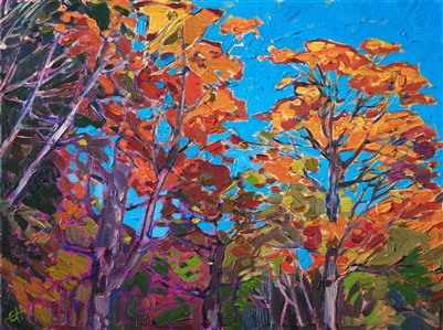 New Hampshire fall foliage is painted here in lush brush strokes and vivid color.  This paintng was inspired by my recent trip to the White Mountains in New England.  Seeing the fall colors on the east coast for the first time made quite an impression on me, and I have been painting the scenery ever since.

This painting was done on 1/8"canvas, and it arrives framed and ready to hang.