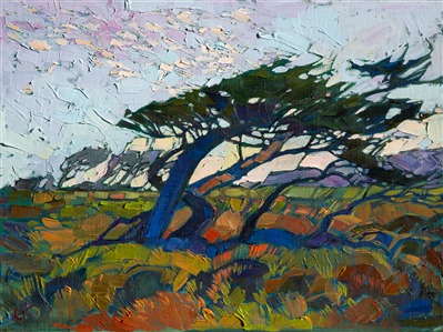 Vivid color brings this oil painting of Monterey to life, with thickly applied brush strokes and a mosaic style of technique, known as Open Impressionism.

This small oil painting arrives framed and ready to hang.