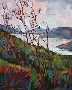 Original oil painting of Whale Rock Reservoir, a beautiful inlet of water between Morro Bay and Paso Robles. The foreground grasses cut abstract shapes into the blue and lavender waters.