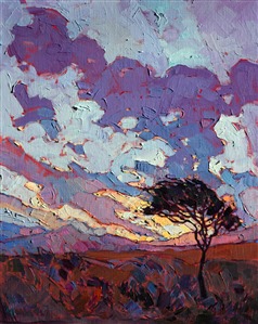 Dramatic light accentuates the lone tree standing in a California field, in this small impressionist oil painting.

This small oil painting arrives framed and ready to hang.