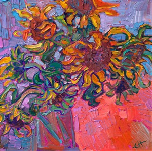 A vase of summer sunflowers is captured in bold, impressionist brush strokes. Each brush stroke is laid side-by-side, in the style of Open Impressionism, and the colors are chosen to create an emotional impact, after the expressionists.

"Floral Hues" is an original oil painting created on linen board. The piece arrives framed in a gold plein air frame, ready to frame.