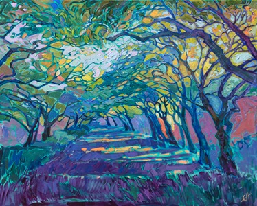 Overhanging and intertwining tree branches form an arbor of color over this pathway. The afternoon light filters down through the branches and sends sparkling light along the cool, grassy path. The impressionistic brush strokes capture the vibrant color of the scenery.

"Arbor Path" was created on 1-1/2" canvas, with the painting continued around the edges. The piece arrives framed in a gold floating frame. 