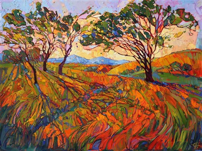 A mosaic of colors interplay in this signature painting of Paso Robles.  Long shadows interlace with an intriguing pattern that draws you deeper into the landscape.