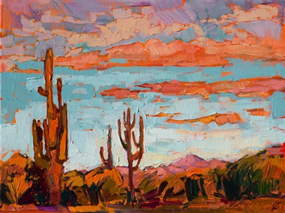 Bands of sunset light wash the sky with color, in this painting of Arizona. The desert landscape at dusk is saturated with rich hues and warm light. The brush strokes are loose and expressive, capturing a true impression of the outdoors.

This painting was done on 3/4" stretched canvas, and it has been framed in a classic plein-air frame. It arrives wired and ready to hang.