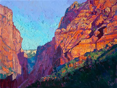 Kolob Canyon is a lesser known entrance to Zion National Park, but home of some of the most stunning red rock cliffs in Utah.  I love the dark green foliage that grows here in the high elevations, with the occasional pop of color from a stray maple or cottonwood tree.  This painting holds in place that transient moment of time when the canyon is lit up with a brilliant orange sunrise.  The simple composition focuses attention on the beautiful range of colors that have to be seen in person to be believed.

This painting was created on gallery-depth canvas, with the painting continued around the edges. This painting does not require framing and arrives ready to hang.

Exhibited: St George Art Museum, Utah, in a solo exhibition celebrating the National Park's centennial: <i><a href="https://www.erinhanson.com/Event/ErinHansonMuseumShow2016" target="_blank">Erin Hanson's Painted Parks</a></i>, 2016.